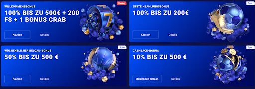 Frumzi Casino Aktionen – Exklusive Casino- und Sportboni für neue und aktive Spieler Bonusangebote bei Frumzi – Willkommensbonus 100 % bis zu 500 € + 200 FS + 1 Bonus Crab, Sportbonus bis zu 200 €, wöchentlicher Reload-Bonus, Cashback bis 500 €